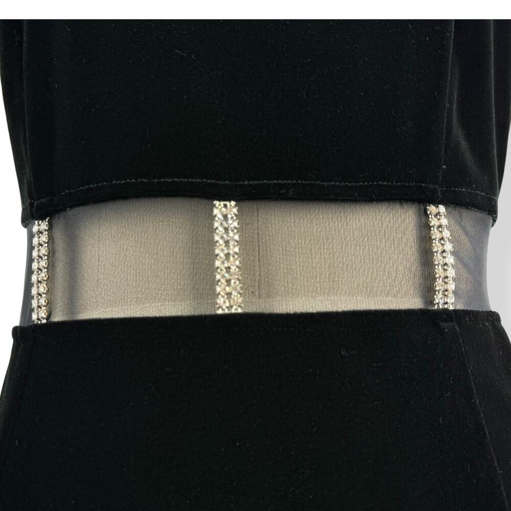 90's sexy black velvet long fitted dress with high slit and mesh crystal trim - Picture 12 of 16